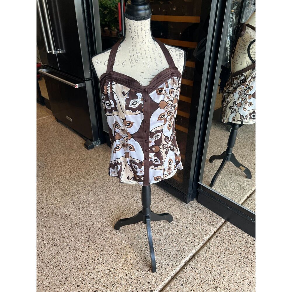 BEBE Vintage Y2K Halter Top Size L Brown Cream Geometric Paisley Print Bustier